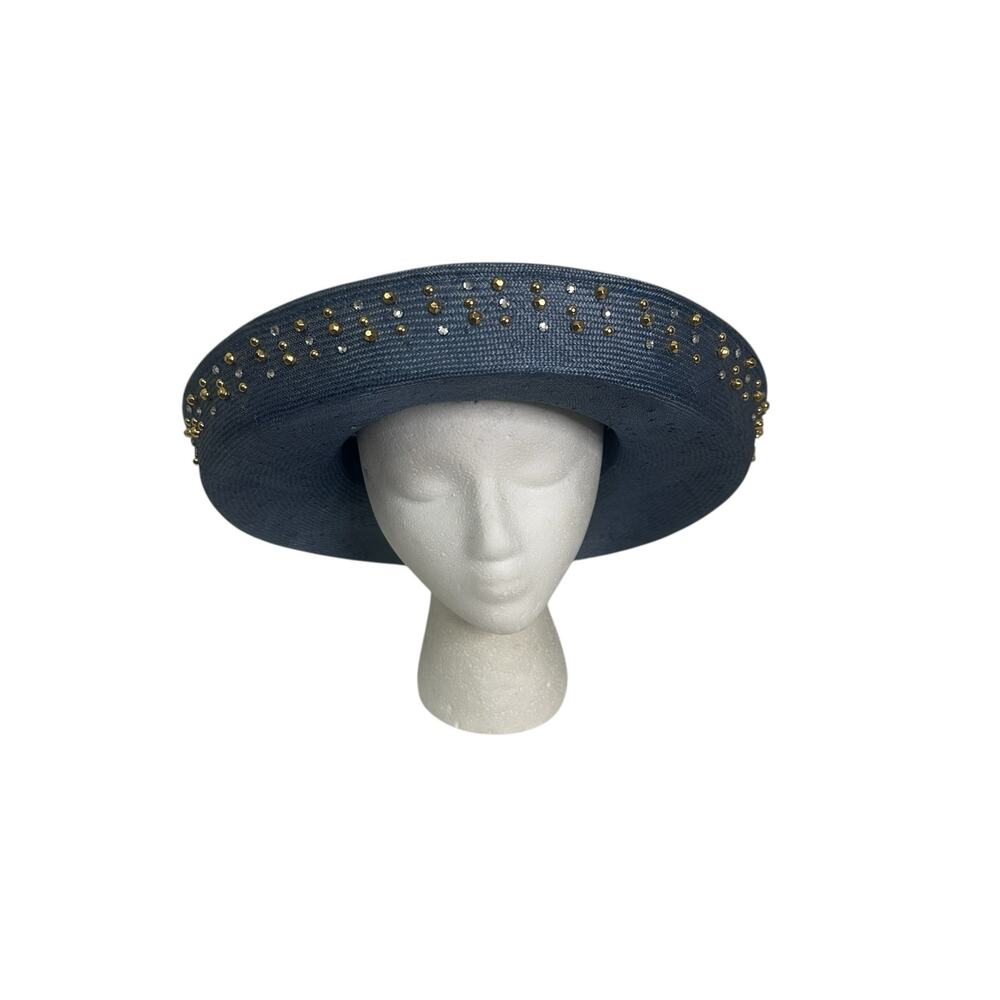 Vintage Jack McConell Boutique Blue Studded Straw Sun Church Derby HAt - Picture 9 of 10
